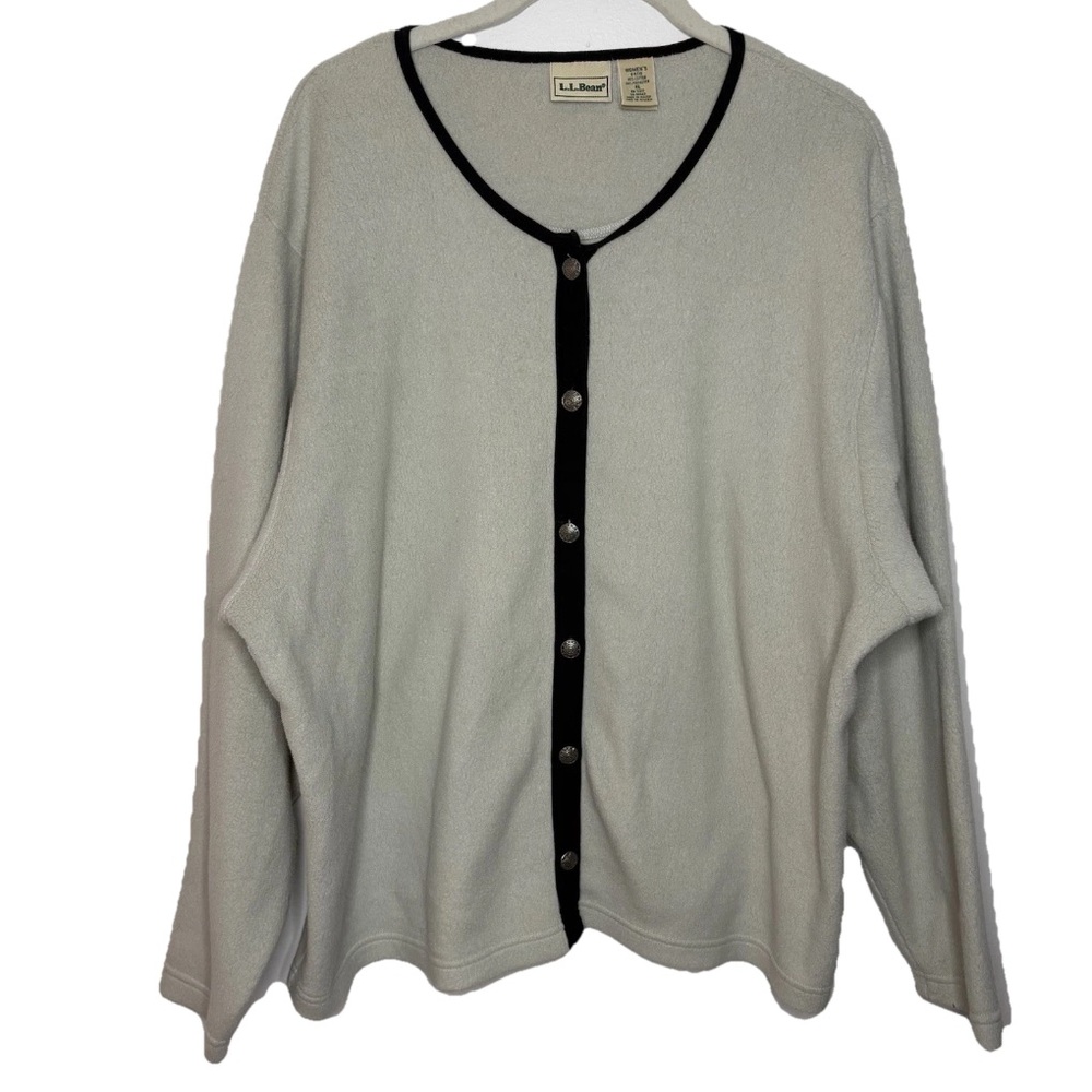 Vintage L.L. Bean Fleece Cardigan Cream Gray Button Up Sweater Size XL Classic